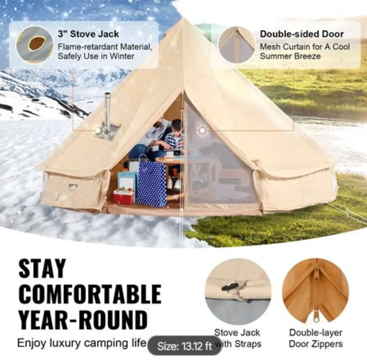 Canvas Bell Tent,4 Seasons 4 m/13.12 ft Yurt Tent - Image 3