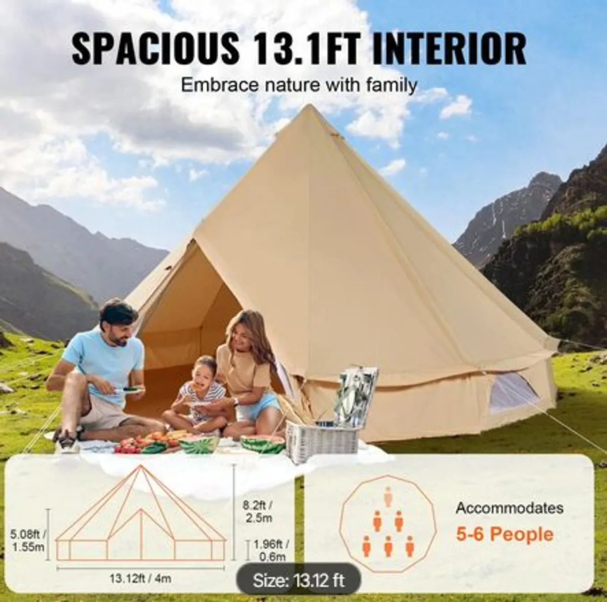 Canvas Bell Tent,4 Seasons 4 m/13.12 ft Yurt Tent - Image 4