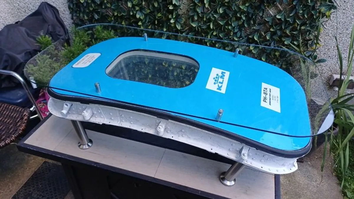 Genuine KLM Boeing 737-400 Overwing Emergency Exit Window Upcycled Aviation Coffee Table - Image 1