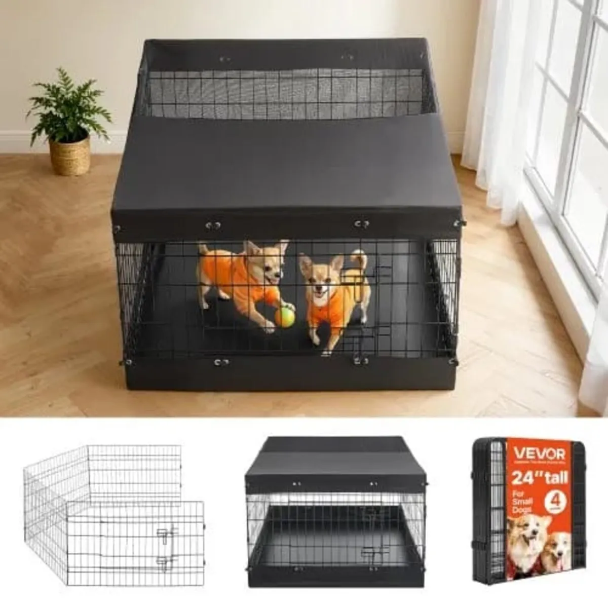 Dog Playpen 61 cm 4 Panels Exercise Pen with Top C - Image 1