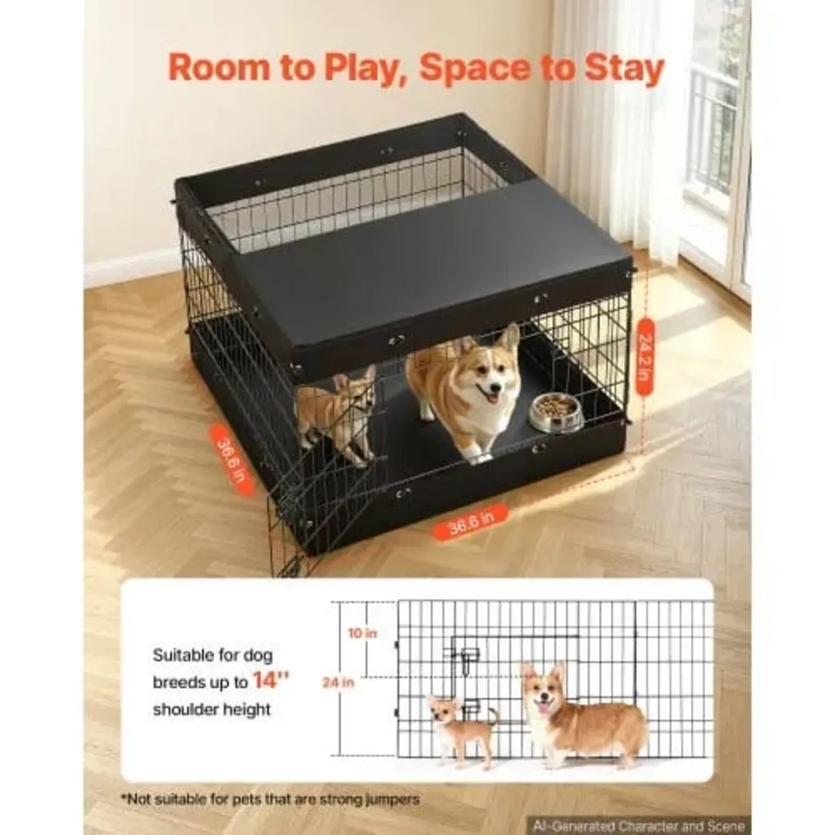 Dog Playpen 61 cm 4 Panels Exercise Pen with Top C - Image 2