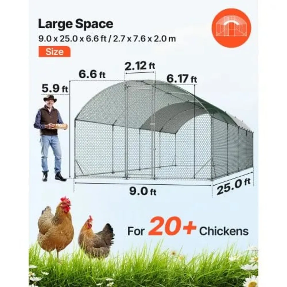 Large Metal Chicken Coop, 2.7 x 7.6 x 2 m, Walk-in - Image 3