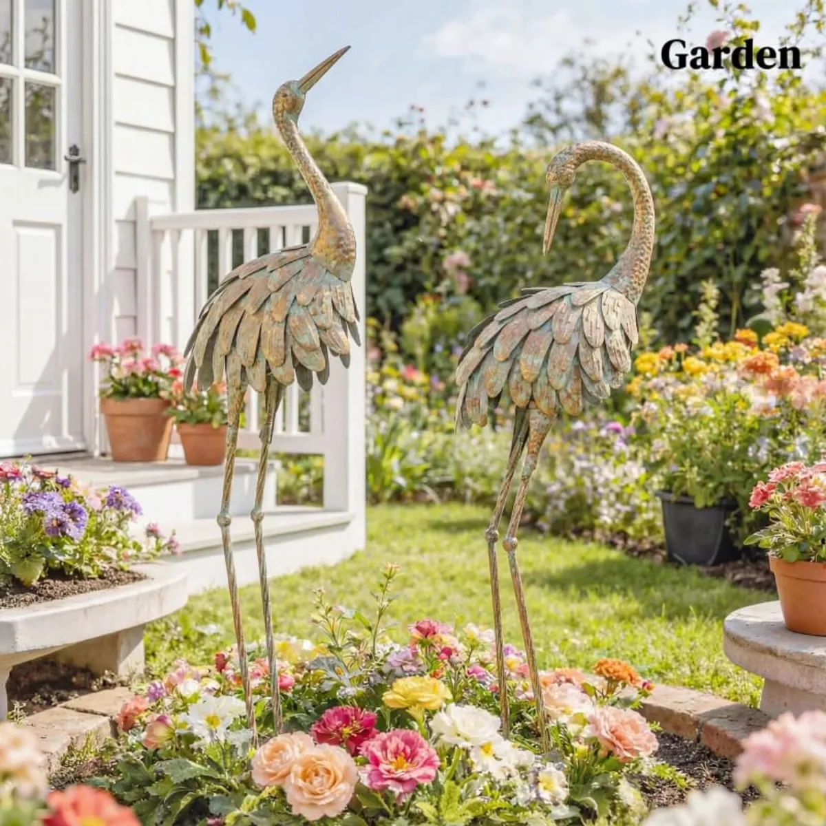 Set of 2 Garden Statues, Metal Heron Sculpture, Bi - Image 4