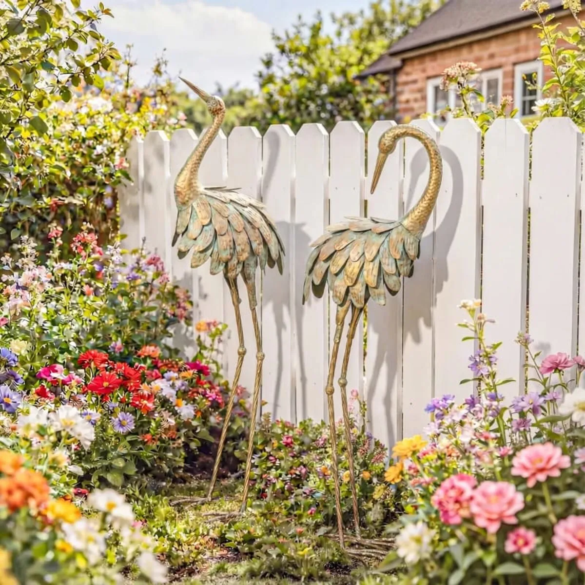 Set of 2 Garden Statues, Metal Heron Sculpture, Bi - Image 2