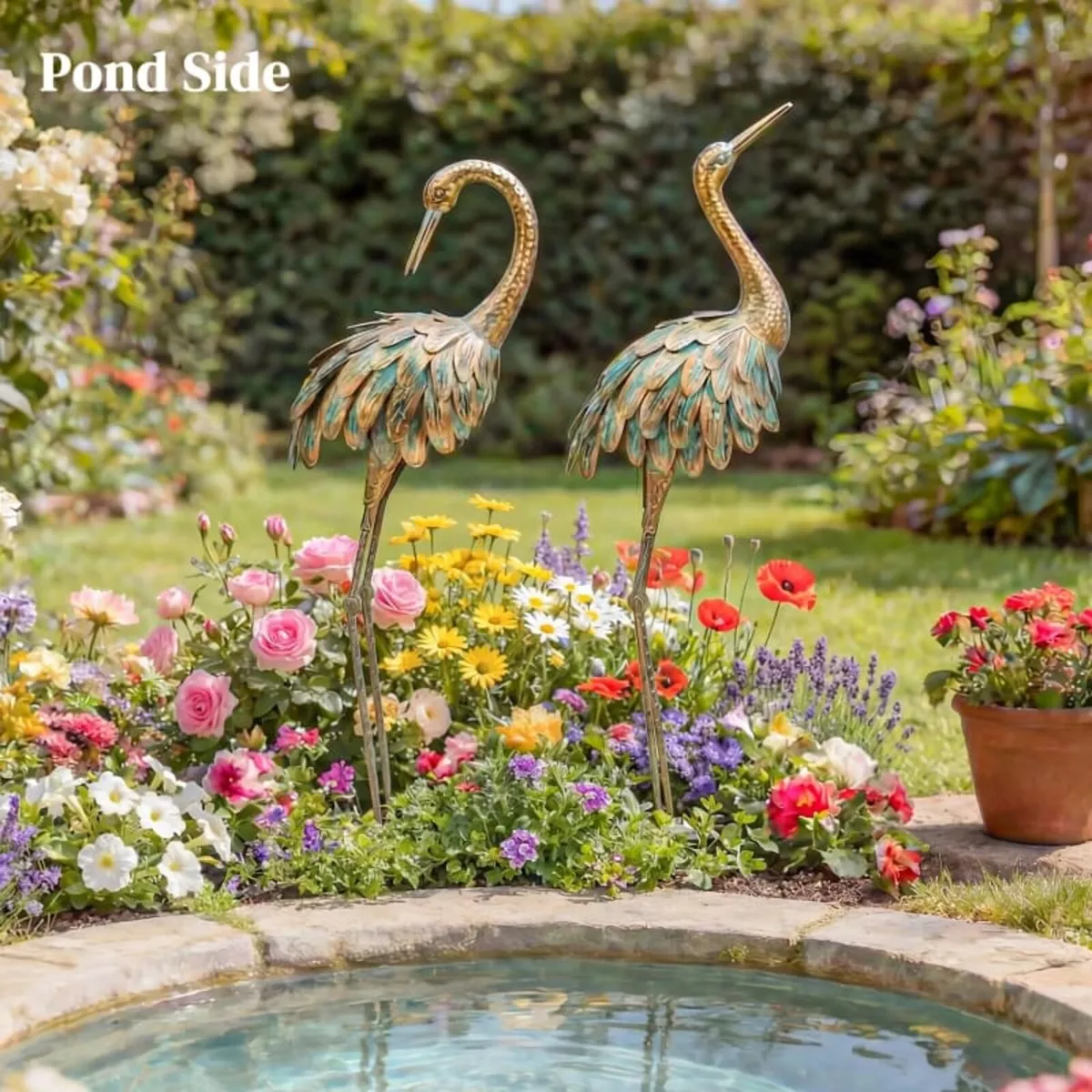 Set of 2 Garden Statues, Metal Heron Sculpture, Bi - Image 3