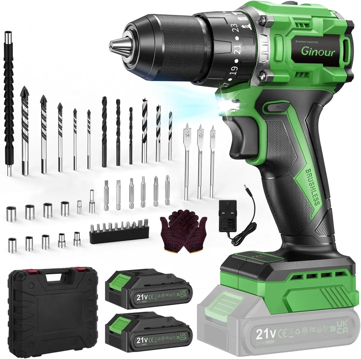 21V Brushless Cordless Combi Drill Set 2x2.0ah - Image 1