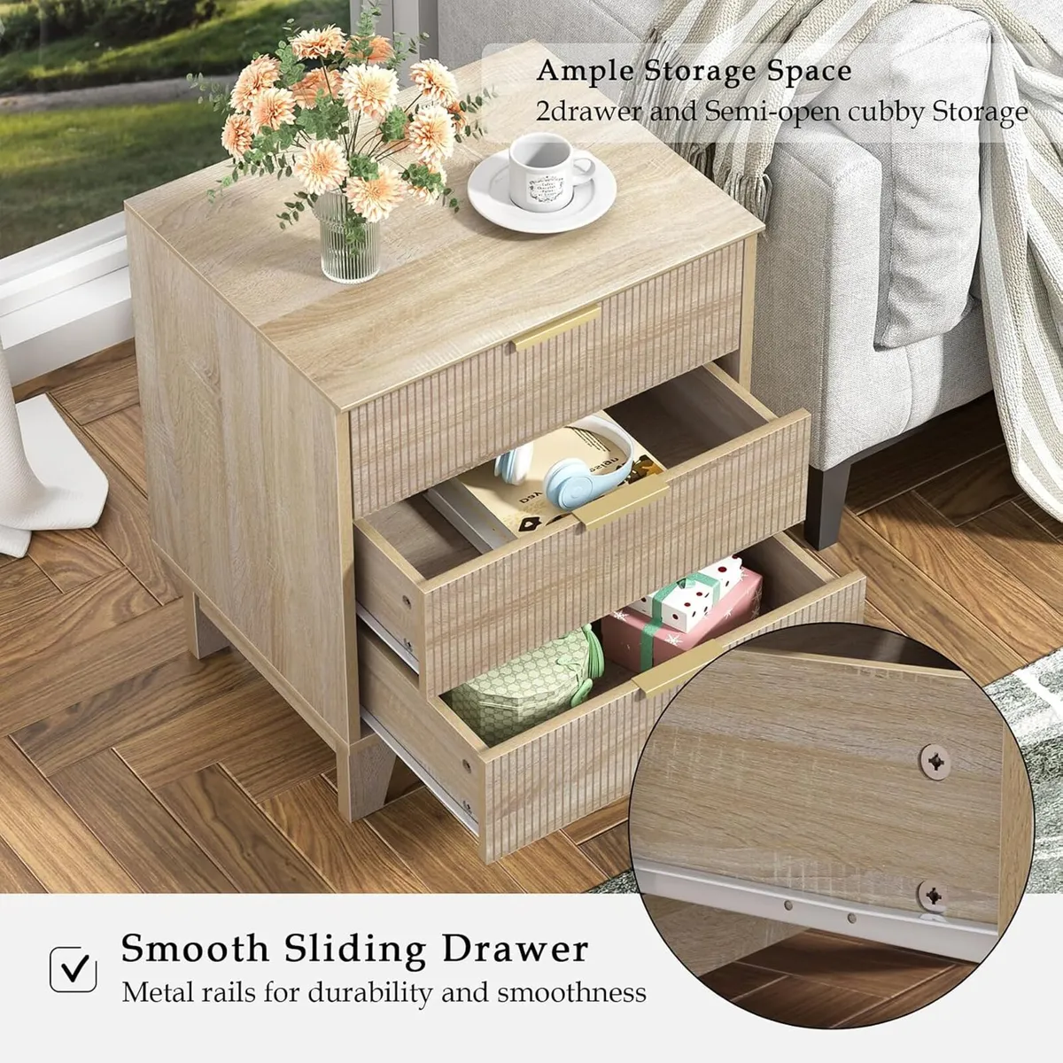 Bedside Table with 3 Drawers Wood Nigntstand - Image 3