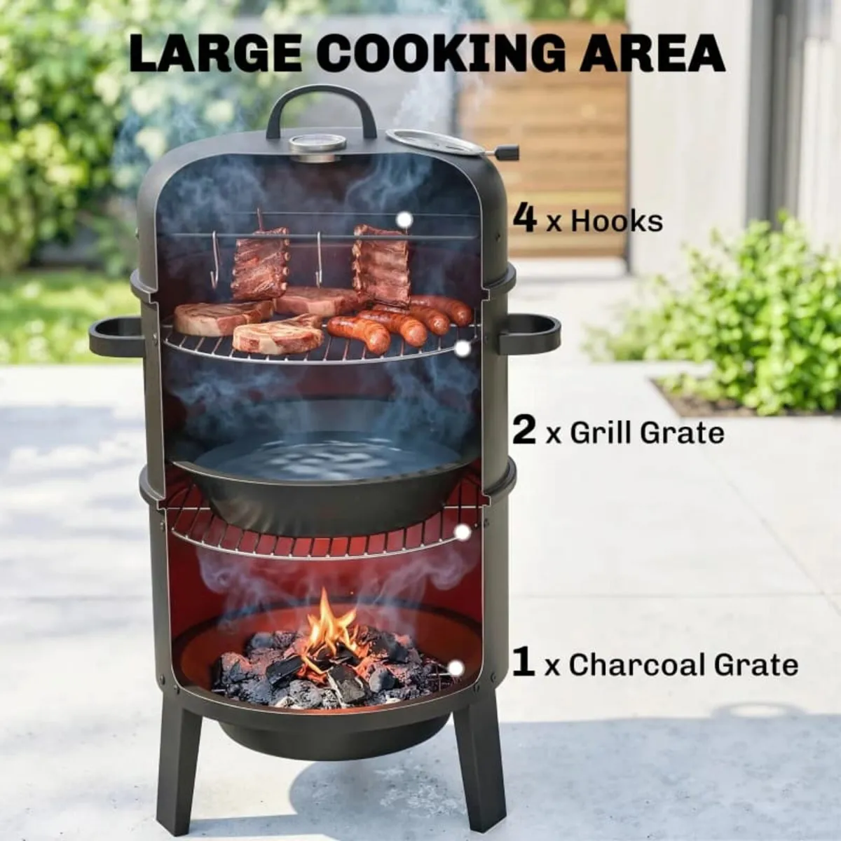 3-in-1 Vertical Charcoal Smoker with 2 Grill Grate - Image 2