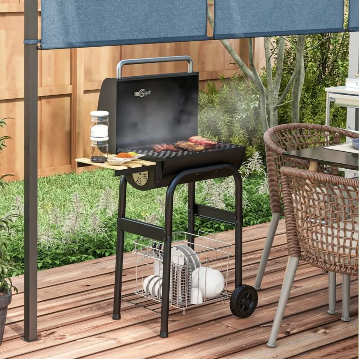 Charcoal BBQ, with Thermometer, Shelves and Wheels - Image 2