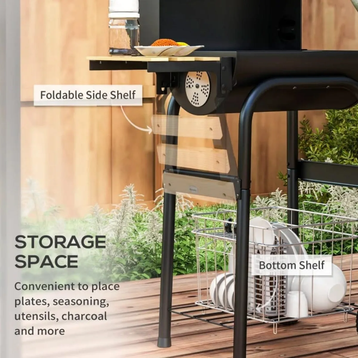 Charcoal BBQ, with Thermometer, Shelves and Wheels - Image 4