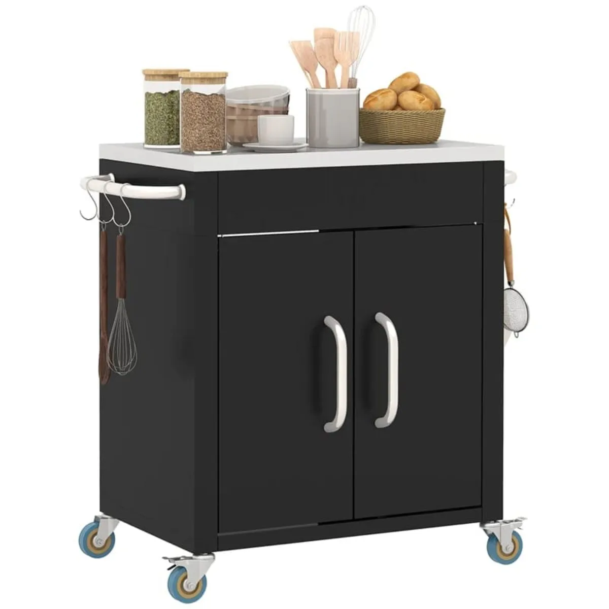 Black Metal Kitchen Island on Wheels, Rolling Trol - Image 1