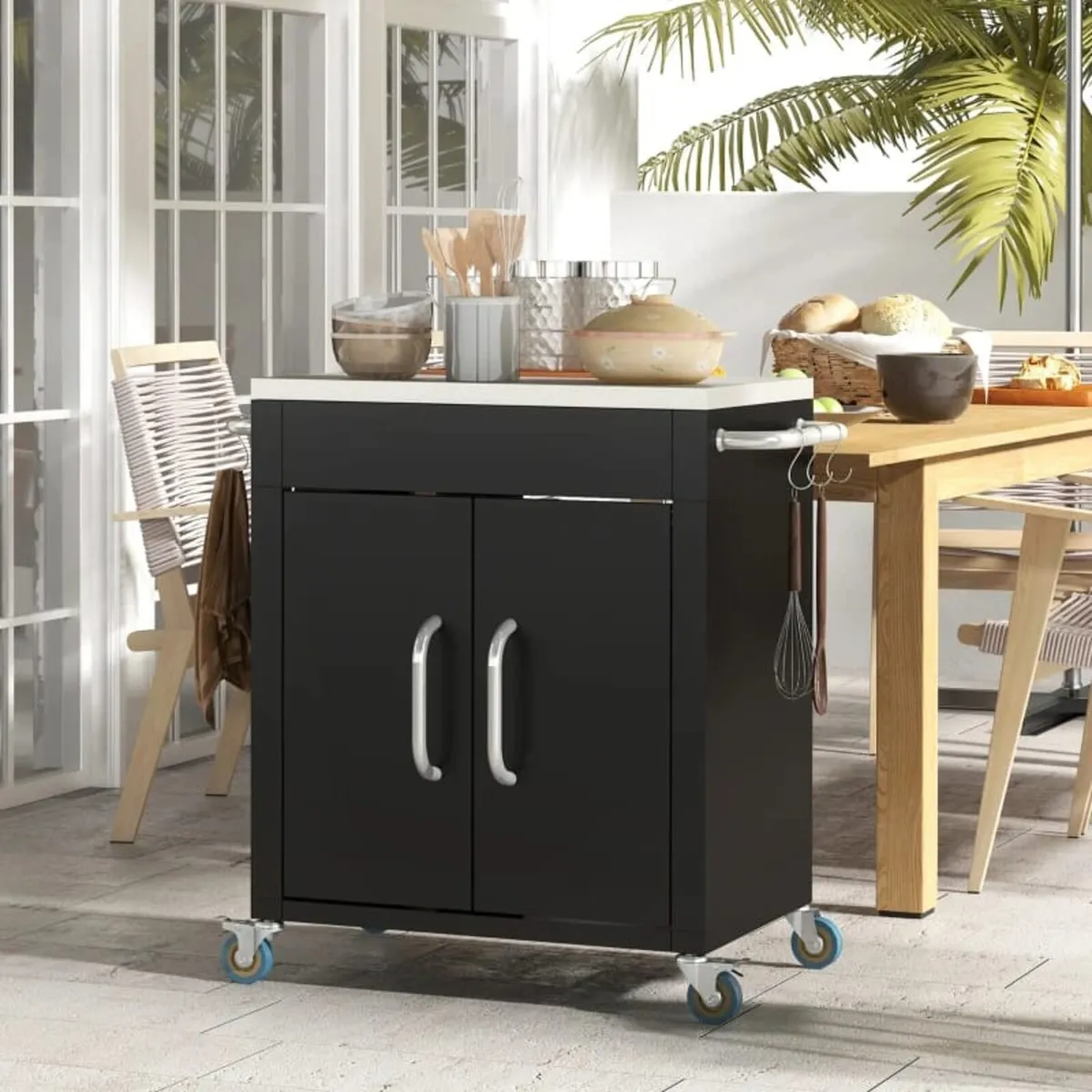 Black Metal Kitchen Island on Wheels, Rolling Trol - Image 2