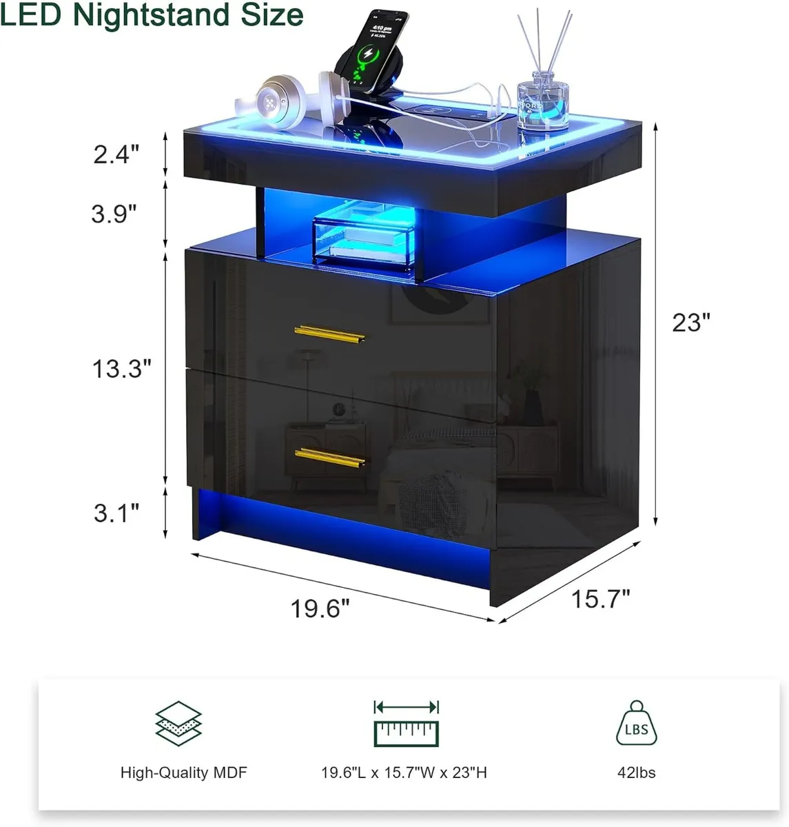 LED Bedside Table with Charging Station 2 Drawers - Image 2