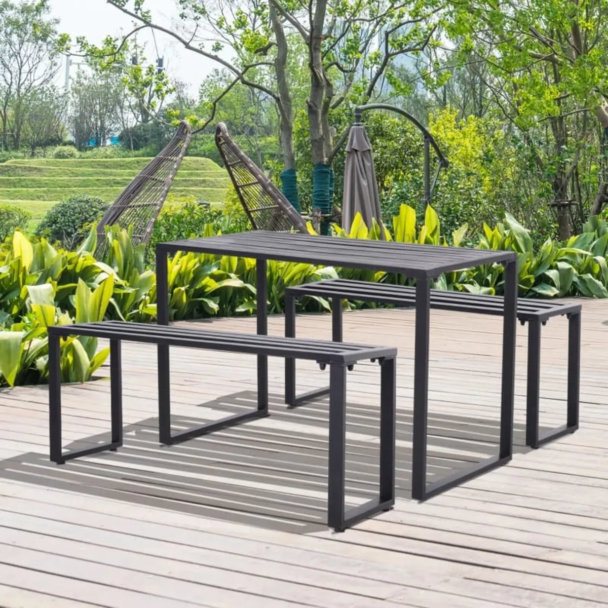3 Pieces Picnic Bench Set with Table and 2 Benches - Image 2
