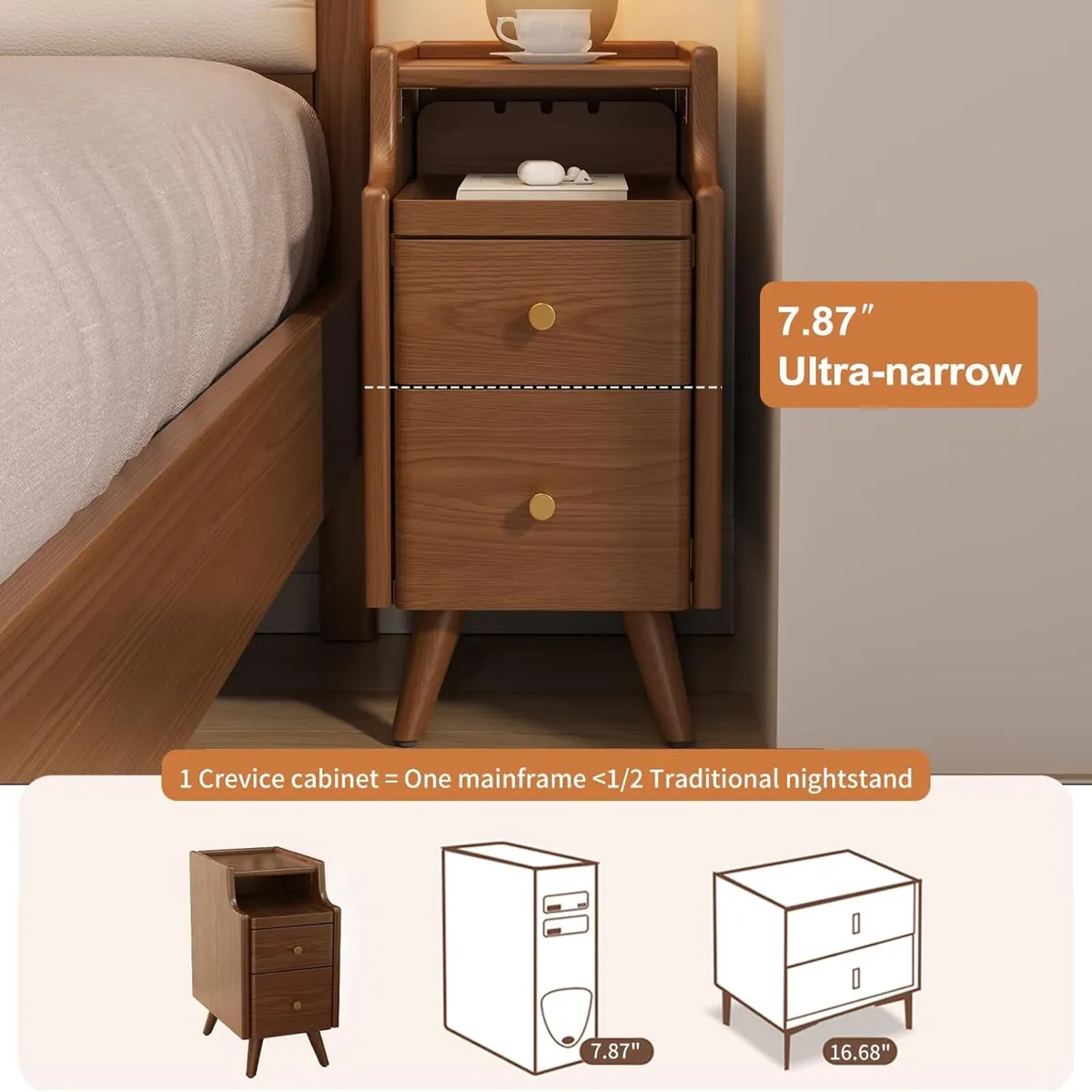 Small Bedside Table Narrow Cabinet with 2 Drawers - Image 4