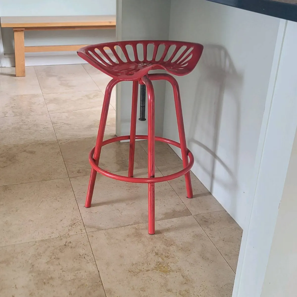 2 red wrought iron tractor seat stools - Image 1
