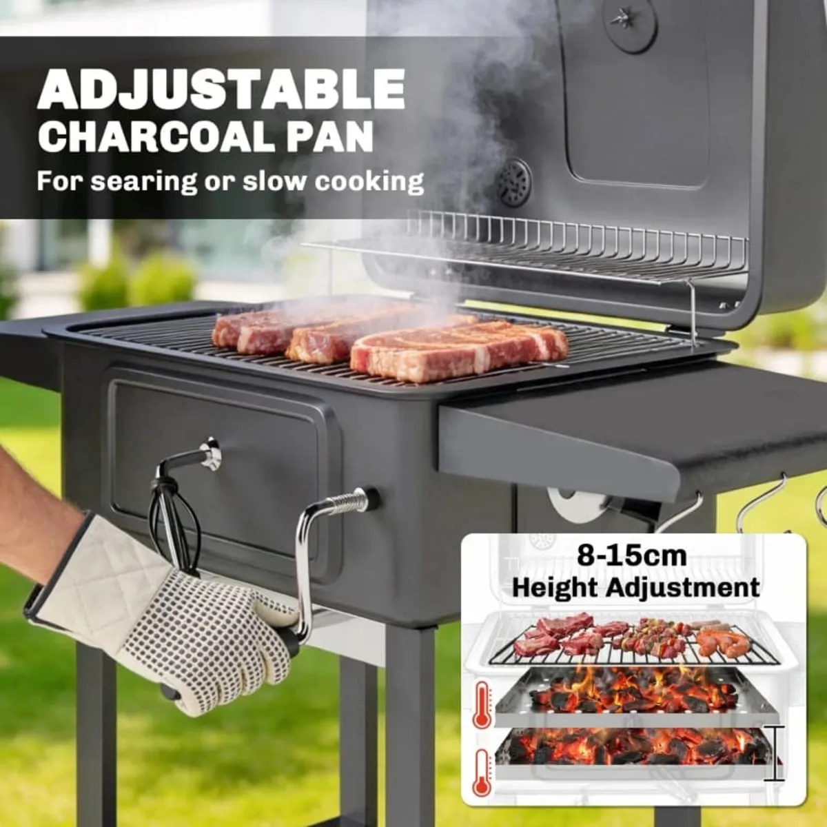 Charcoal BBQ Grill with Adjustable Charcoal Pan, L - Image 2