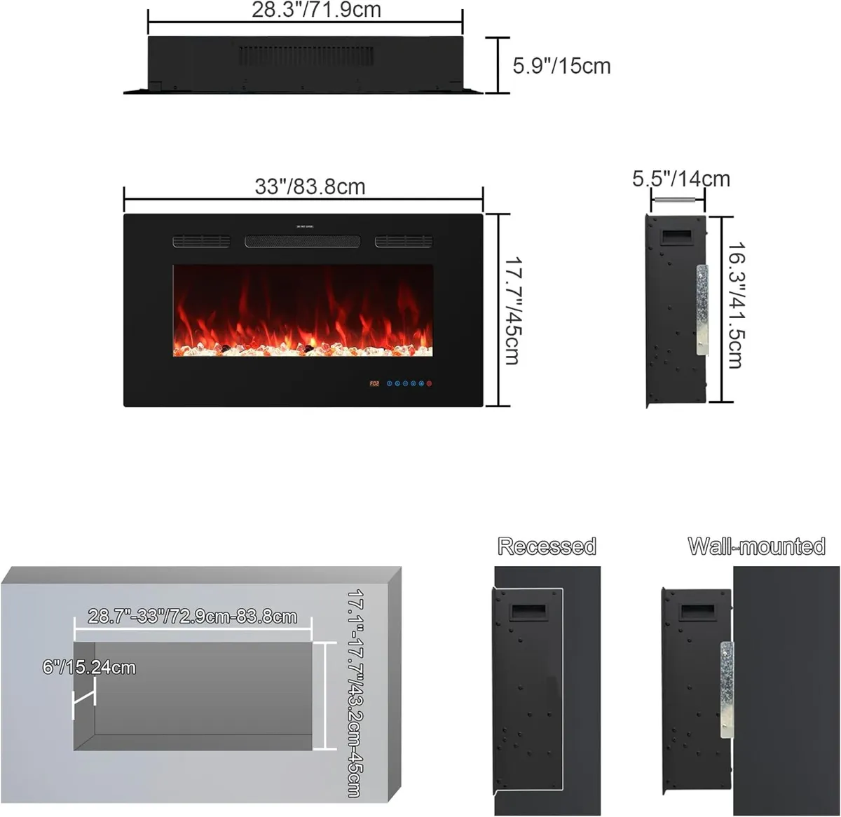 84CM Electric Fireplace Recessed and Wall Mounted - Image 4