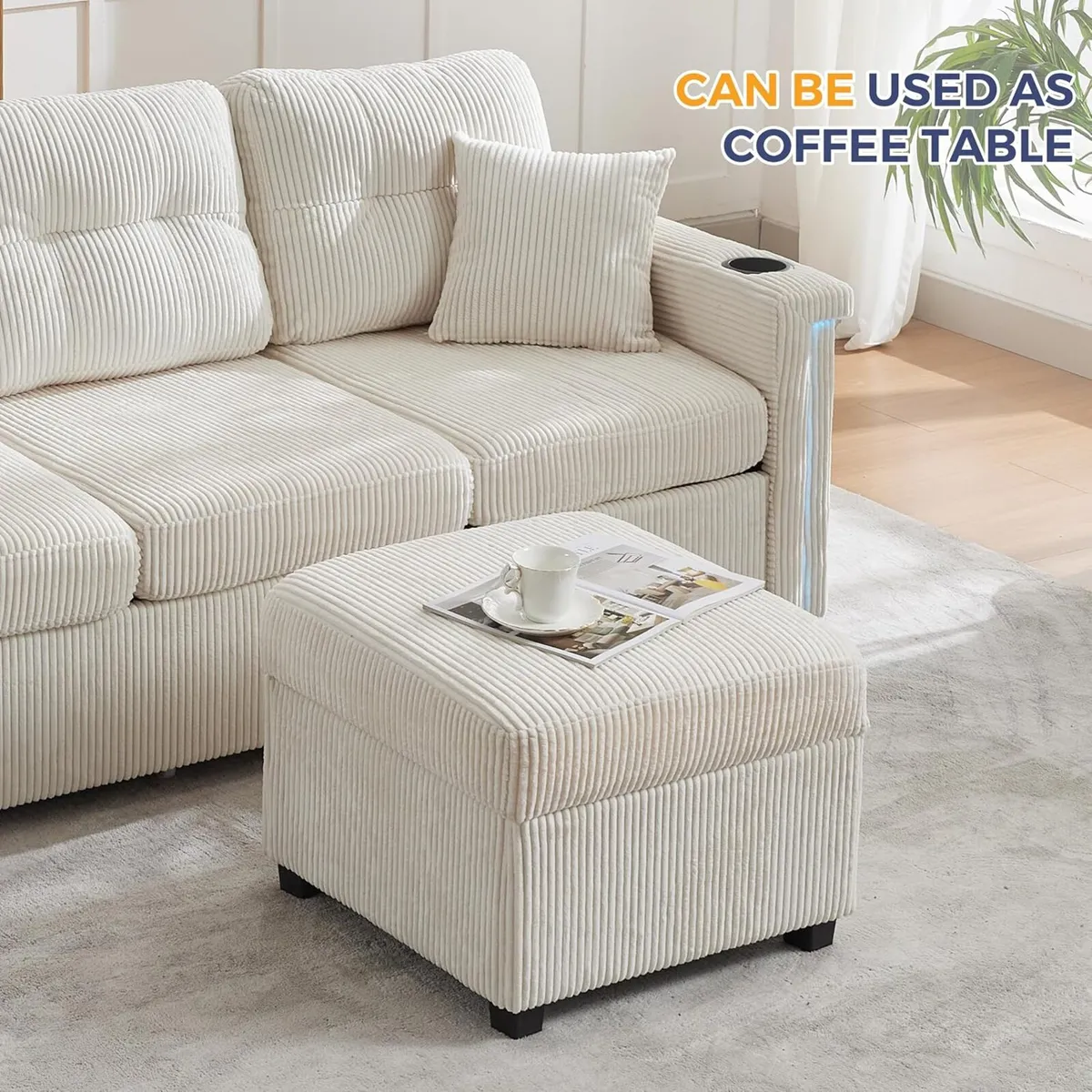 Ottoman with Storage 57CM Corduroy Footstool - Image 3