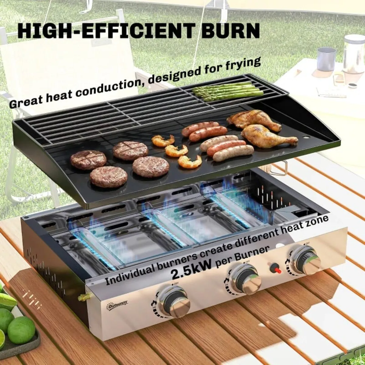 3 Burner Grill Griddle, Portable Gas Plancha with - Image 4