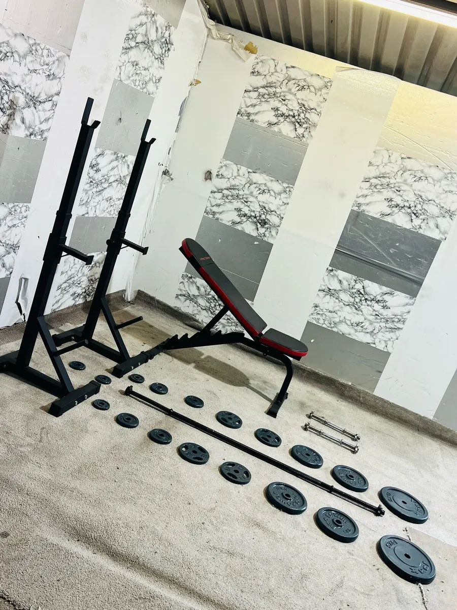 CAST IRON WEIGHTS BARBELL DUMBBELLS RACK BENCH - Image 1