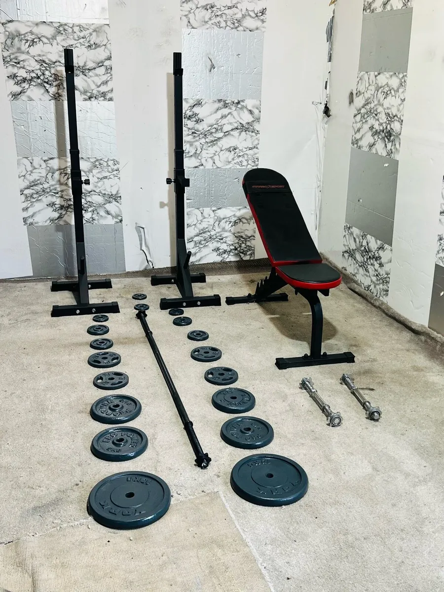 CAST IRON WEIGHTS BARBELL DUMBBELLS RACK BENCH - Image 4