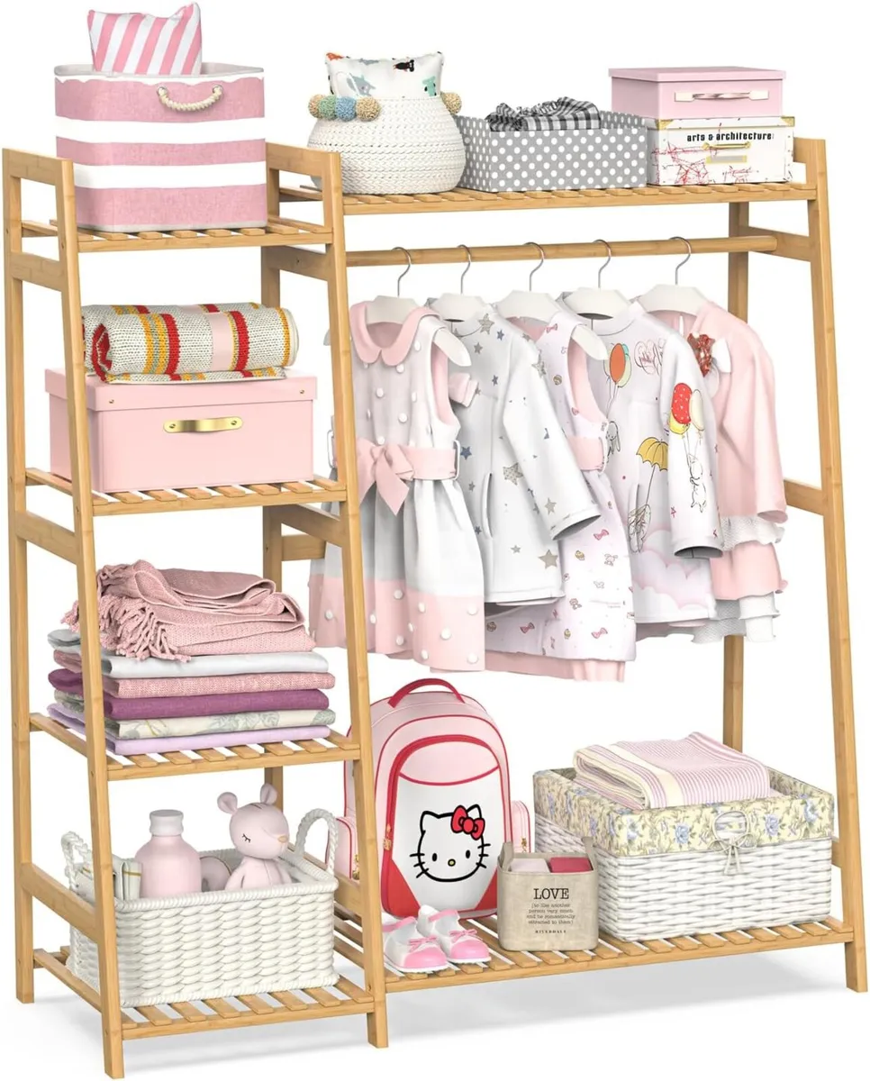 Kids Clothing Rack with Shelves Bamboo Clothes - Image 1