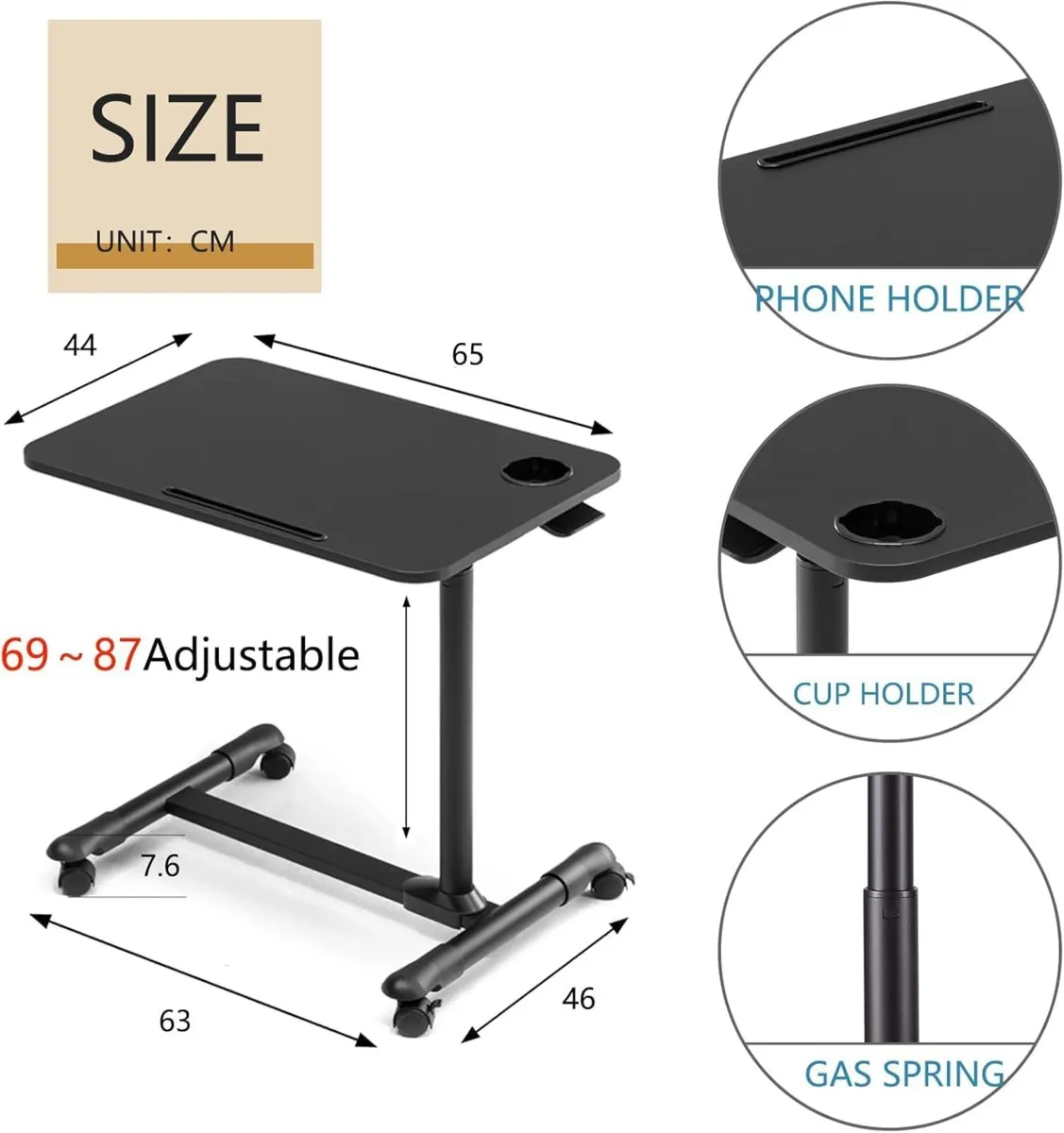 Mobile Overbed Table Height Adjustable with Wheels - Image 2