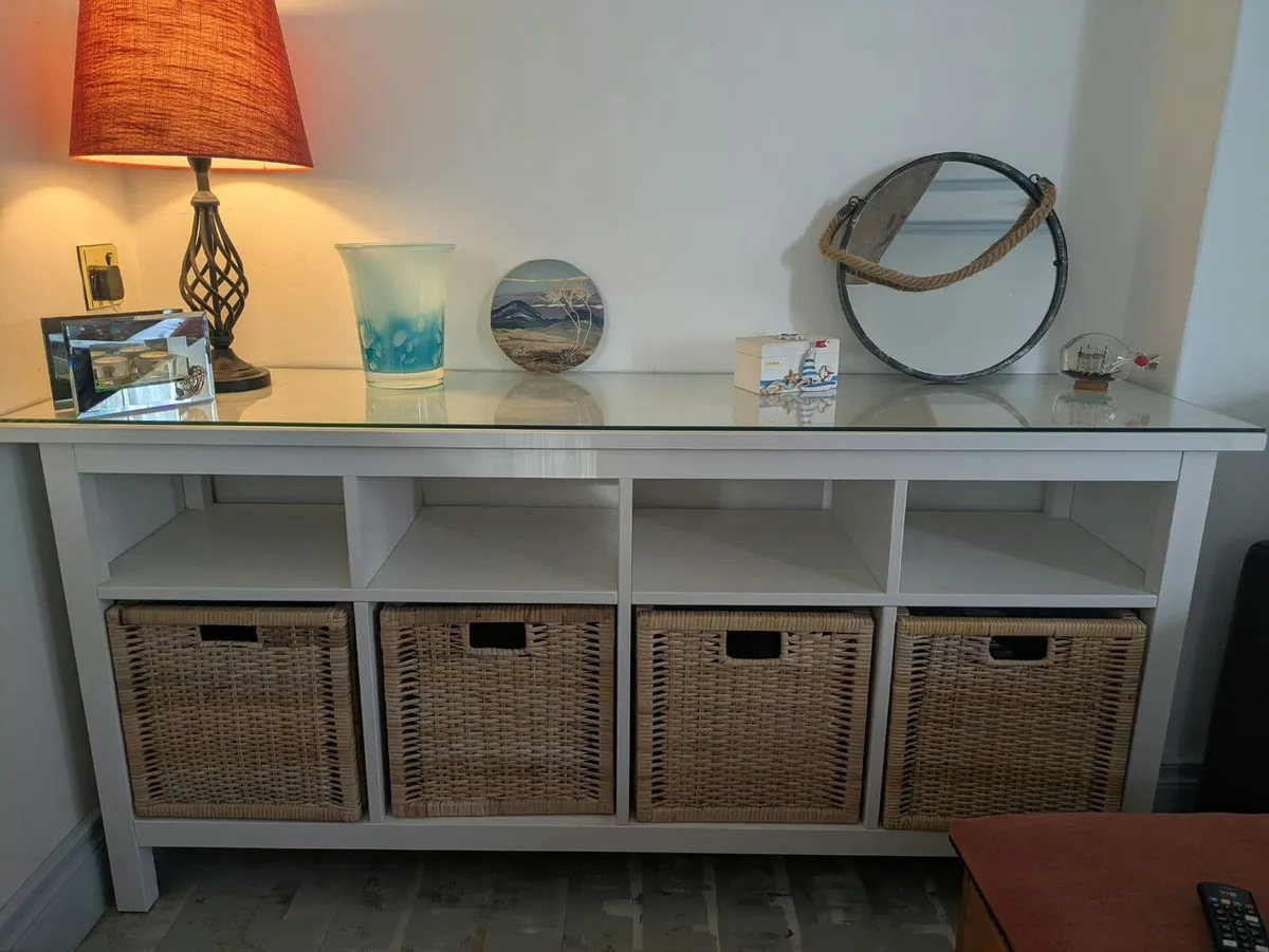 White storage unit + baskets + glass top