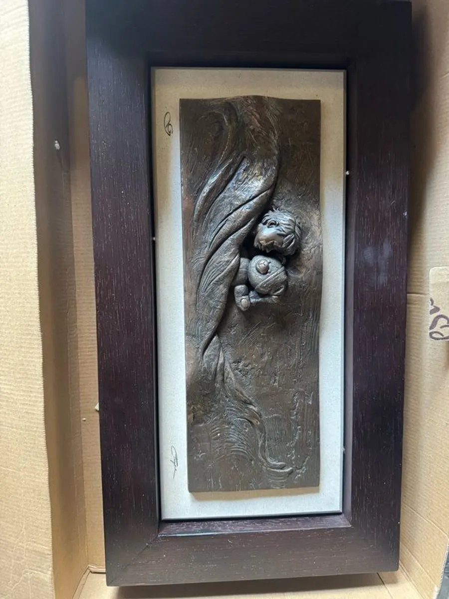 Genesis Fine Arts Framed High-Relief Bronze Plaque - Sleeping Baby with Teddy Bear - Image 1