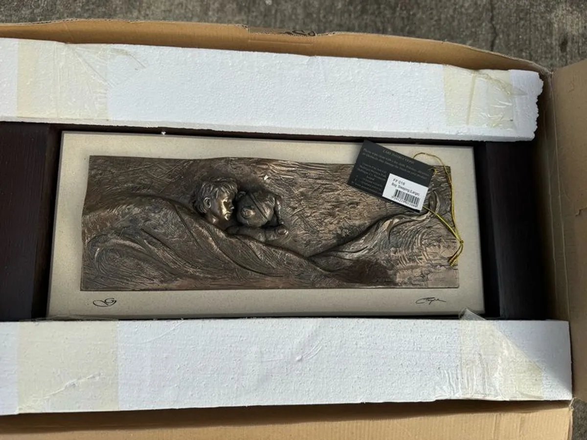 Genesis Fine Arts Framed High-Relief Bronze Plaque - Sleeping Baby with Teddy Bear - Image 3