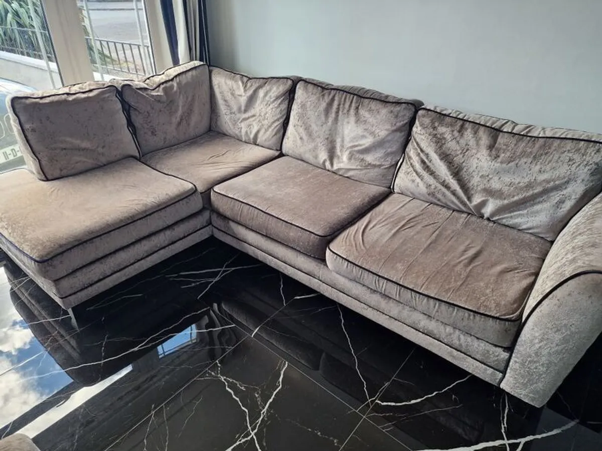 DFS Large Silver Grey L-Shaped Corner Sofa + Matching Footstool - Image 1