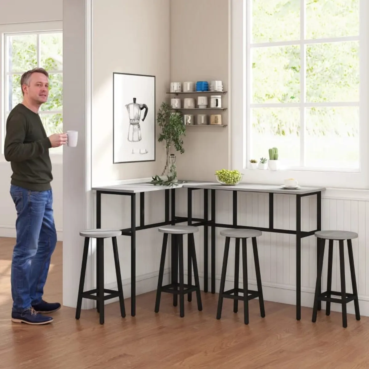 6-Piece Bar Table Set, 2 Breakfast Tables with 4 S - Image 2