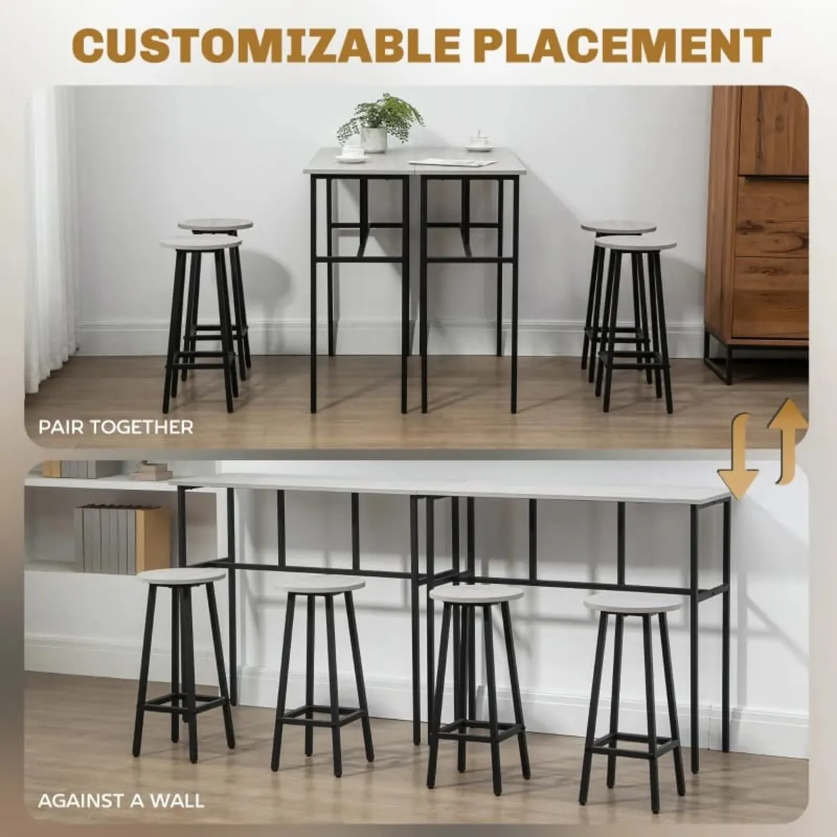 6-Piece Bar Table Set, 2 Breakfast Tables with 4 S - Image 3