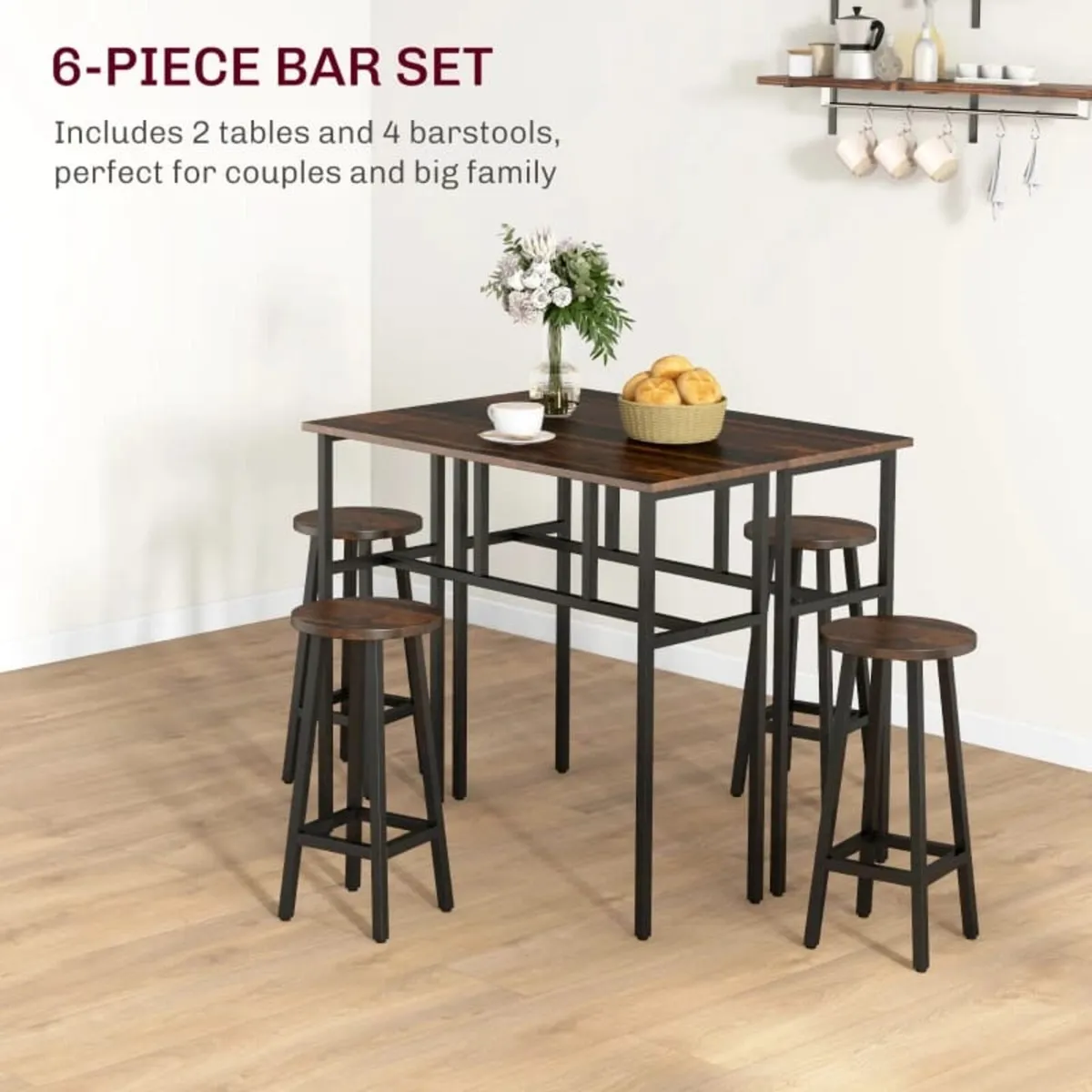 6-Piece Bar Table Set, 2 Breakfast Tables with 4 S - Image 2