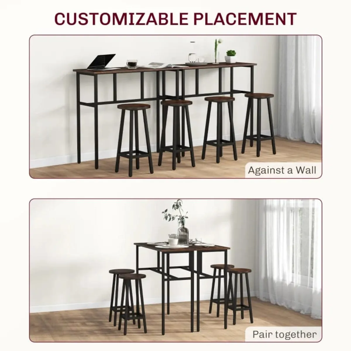 6-Piece Bar Table Set, 2 Breakfast Tables with 4 S - Image 3