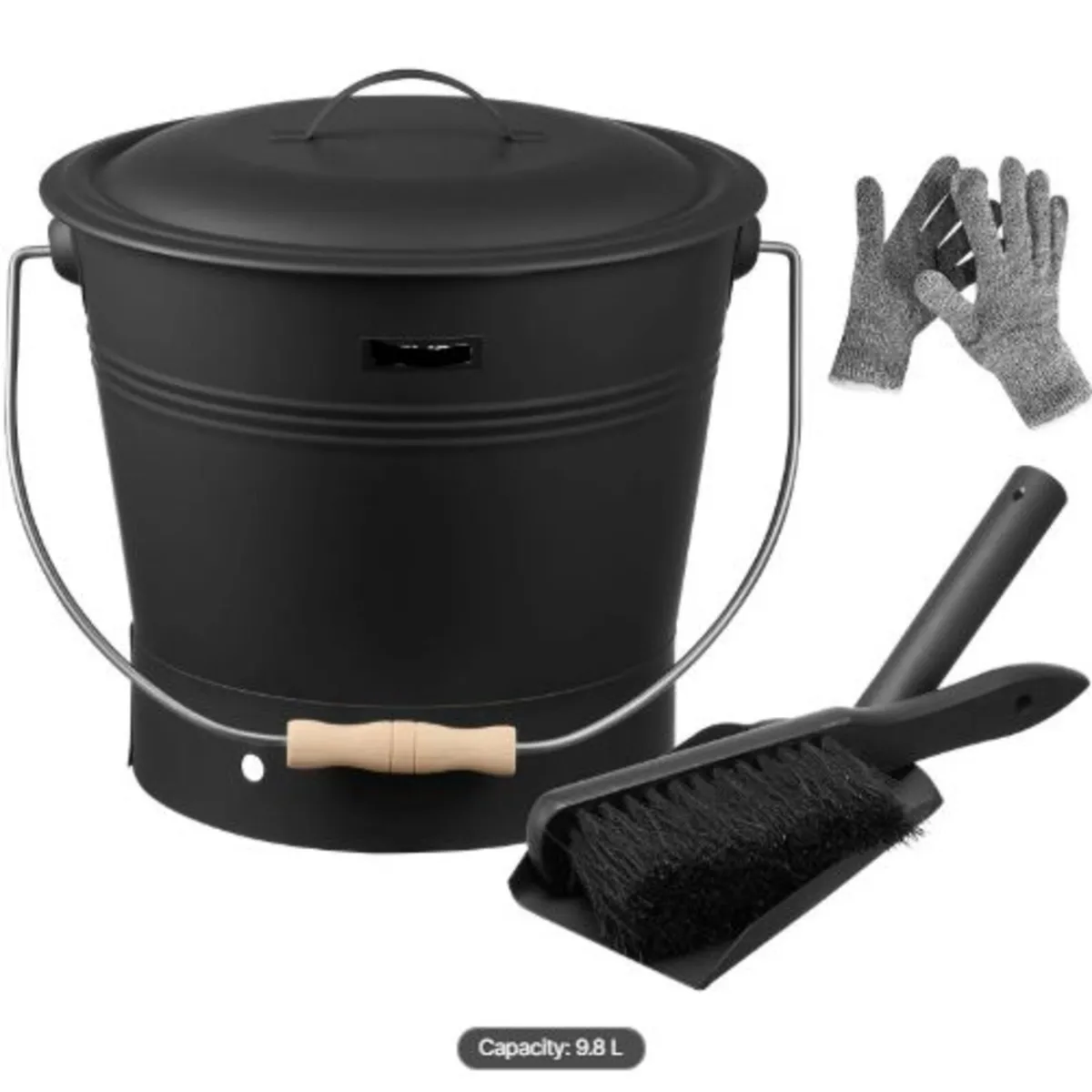 Ash Bucket, 4 PCS with Lid, Shovel,Broom and Glove - Image 1