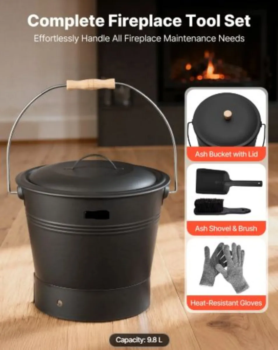 Ash Bucket, 4 PCS with Lid, Shovel,Broom and Glove - Image 3