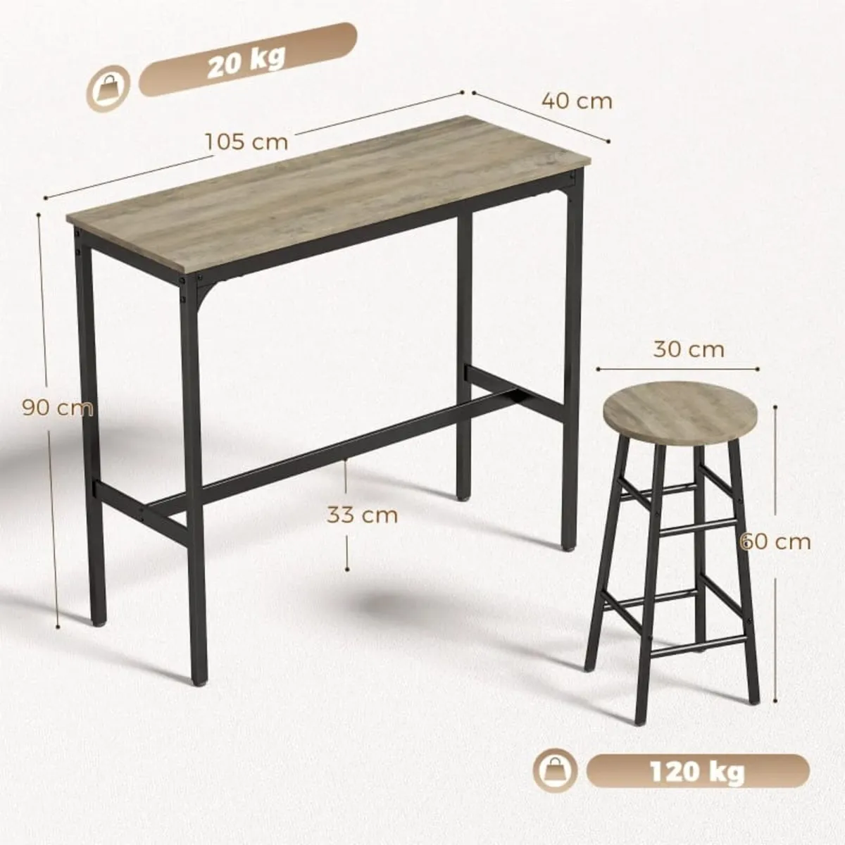 5 Piece Bar Table Set with 4 Stools, Industrial Ba - Image 2