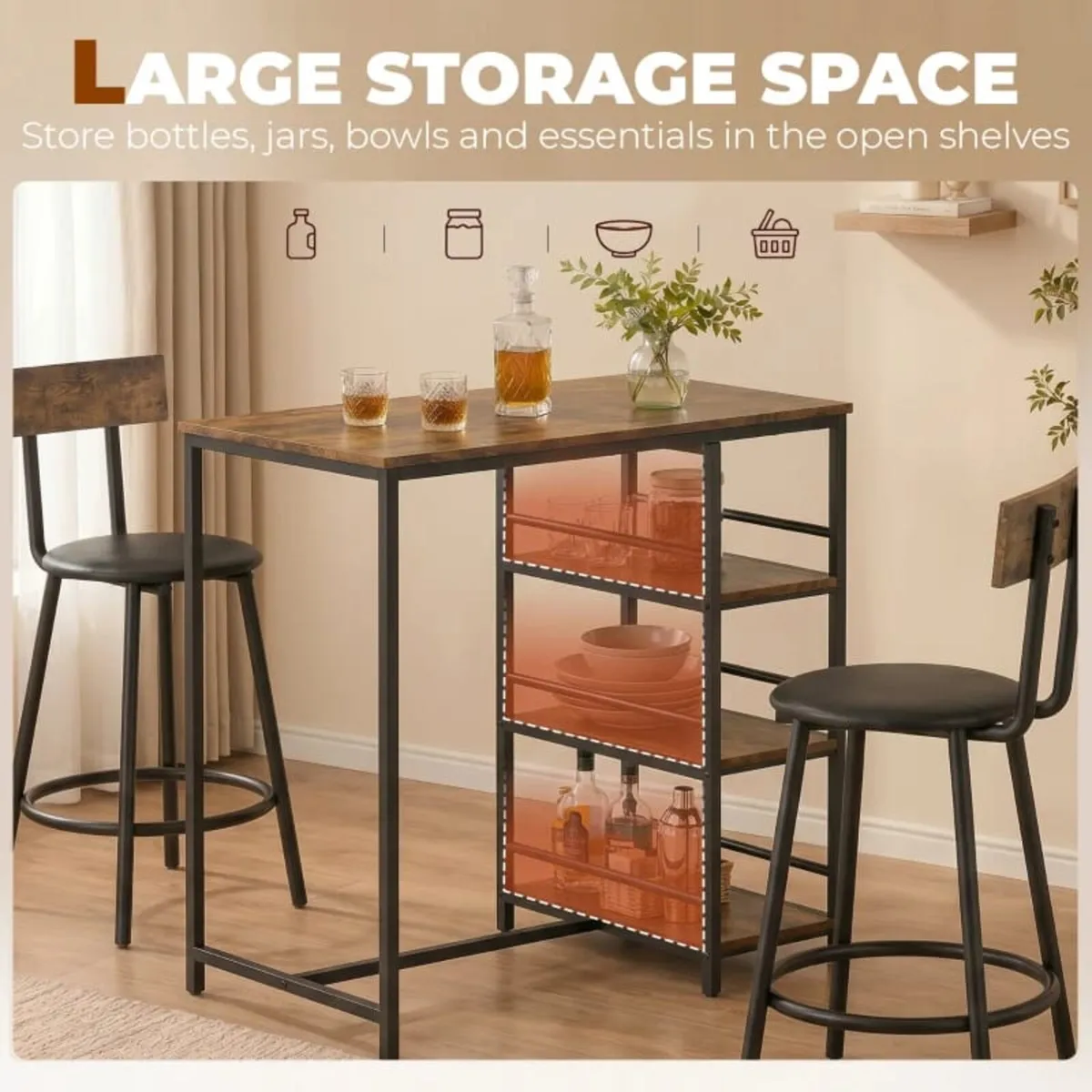 Space Saving Bar Table and PU Leather Stools for 2 - Image 3