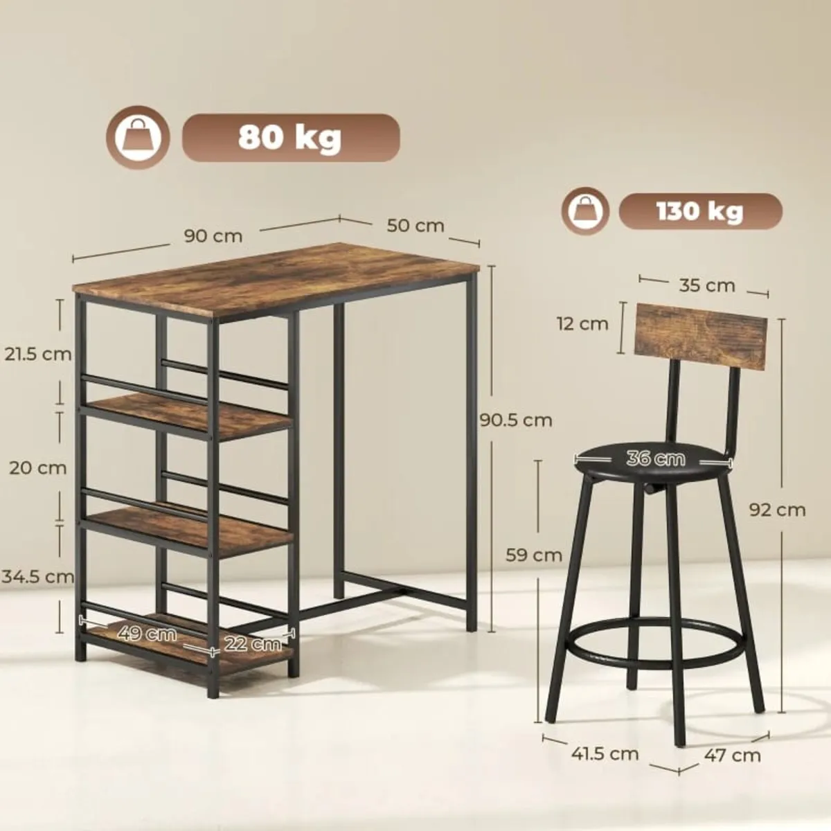Space Saving Bar Table and PU Leather Stools for 2 - Image 4
