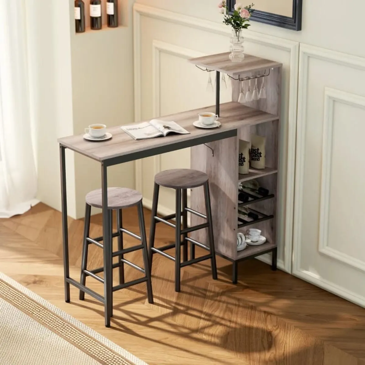 3-pc Bar Table Set with Storage, Wine Racks, Glass - Image 2