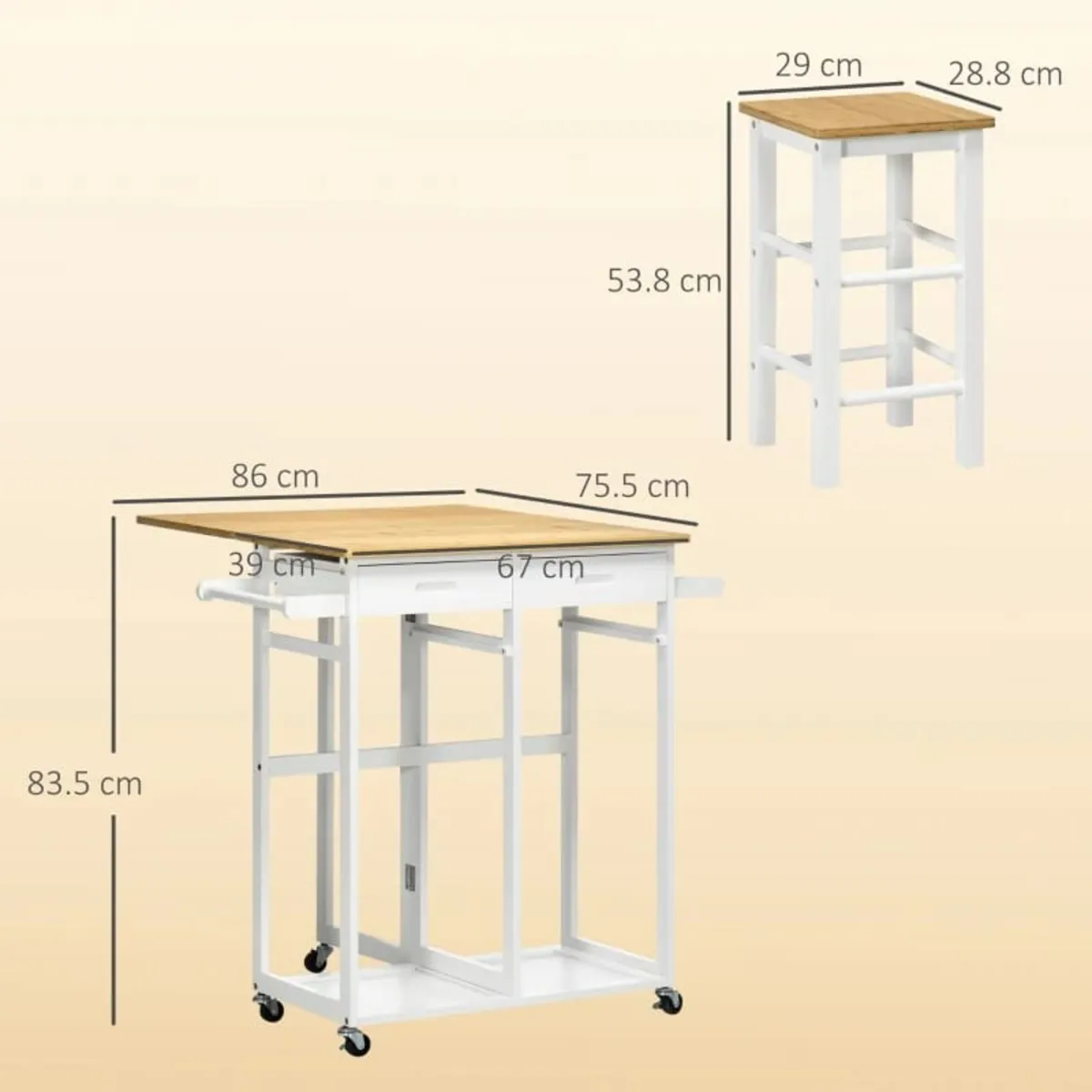 Kitchen Island Set with 2 Stools, Bamboo Breakfast - Image 3