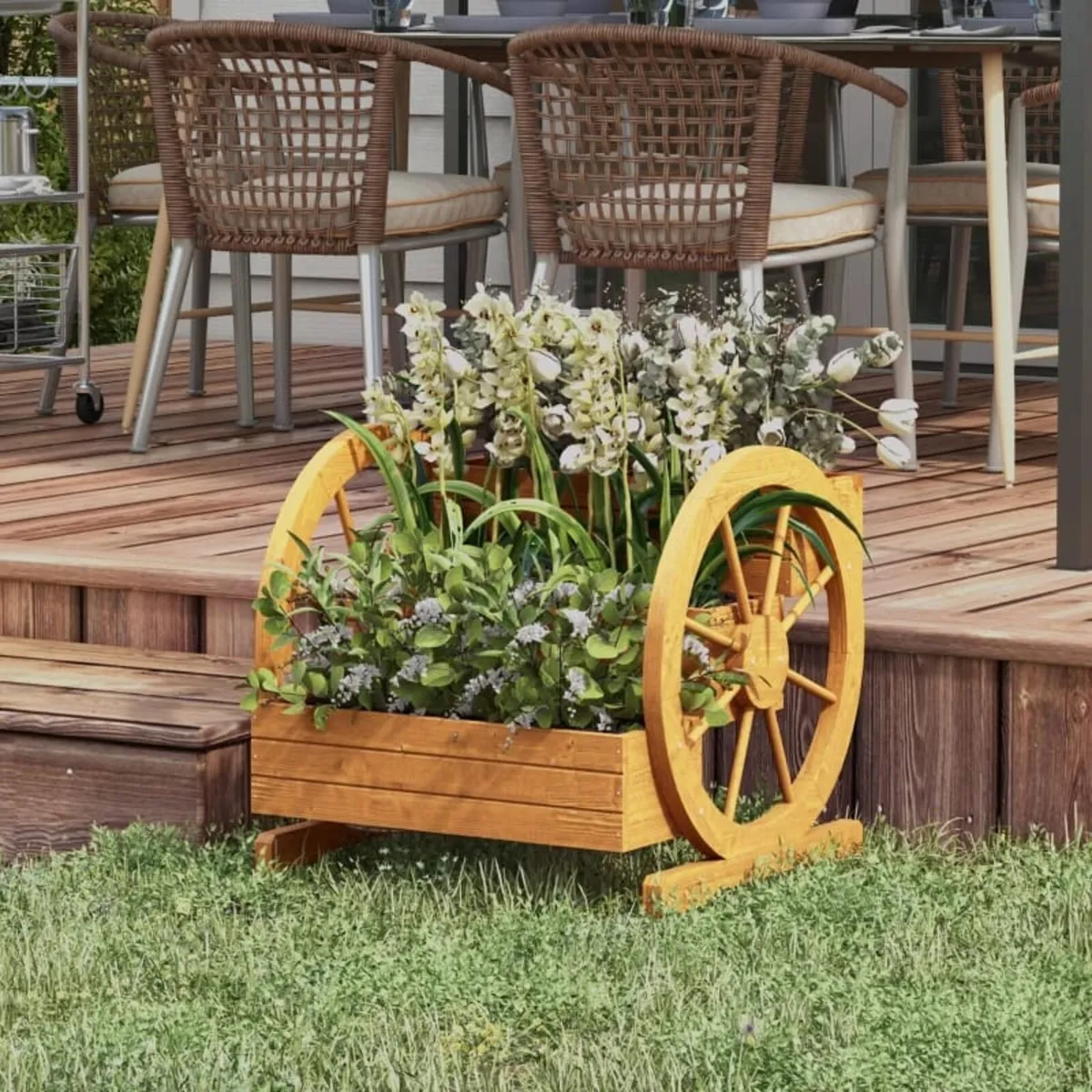 Raised Bed, 3 Tiers, Wagon Wheel Decor, Natural Wo - Image 3