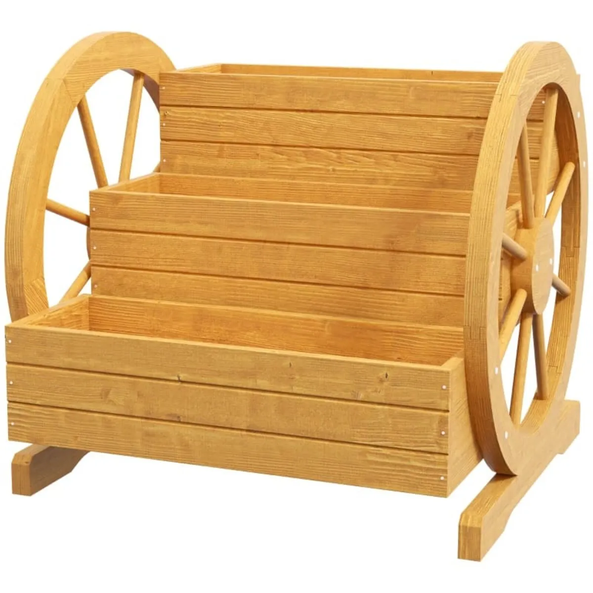 Raised Bed, 3 Tiers, Wagon Wheel Decor, Natural Wo - Image 1