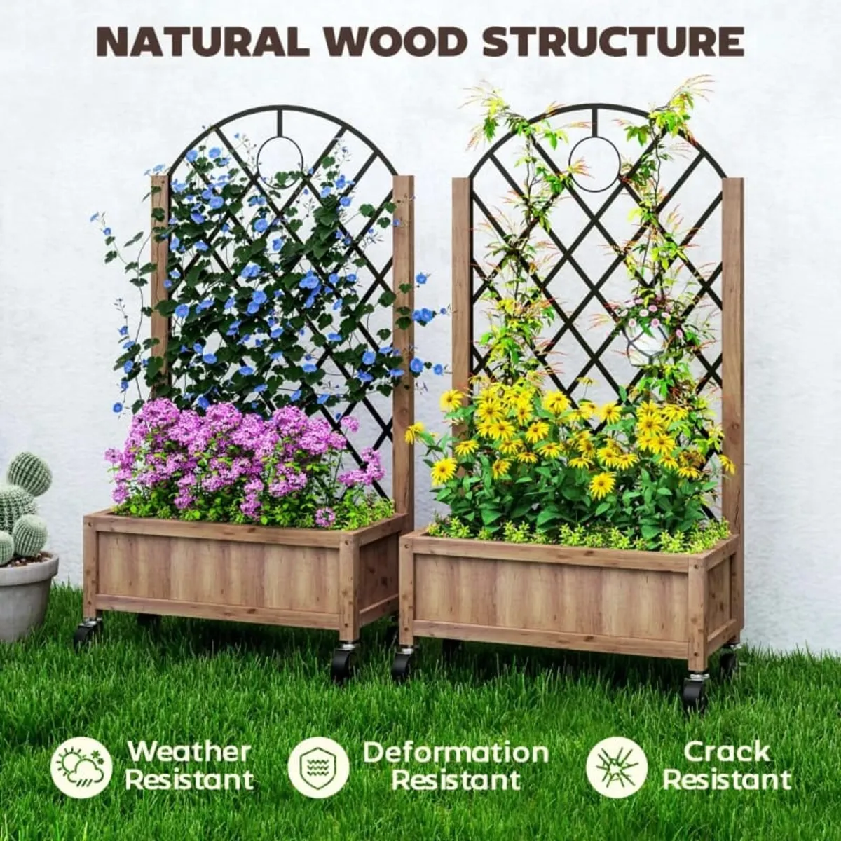 Wooden Planter, with Metal Trellis - Brown/Black - Image 2