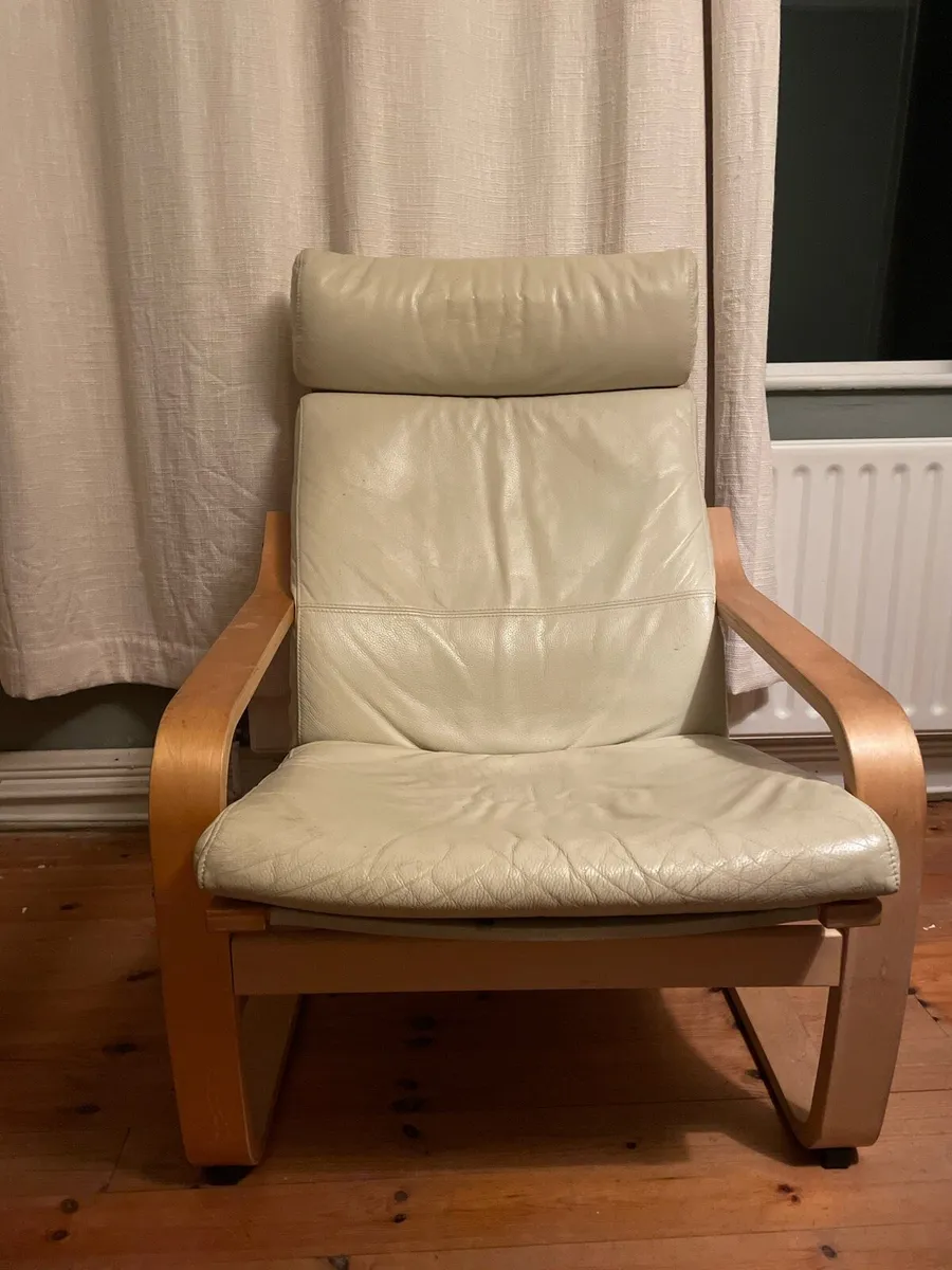Ikea cream leather poang chairs and footstool - Image 1
