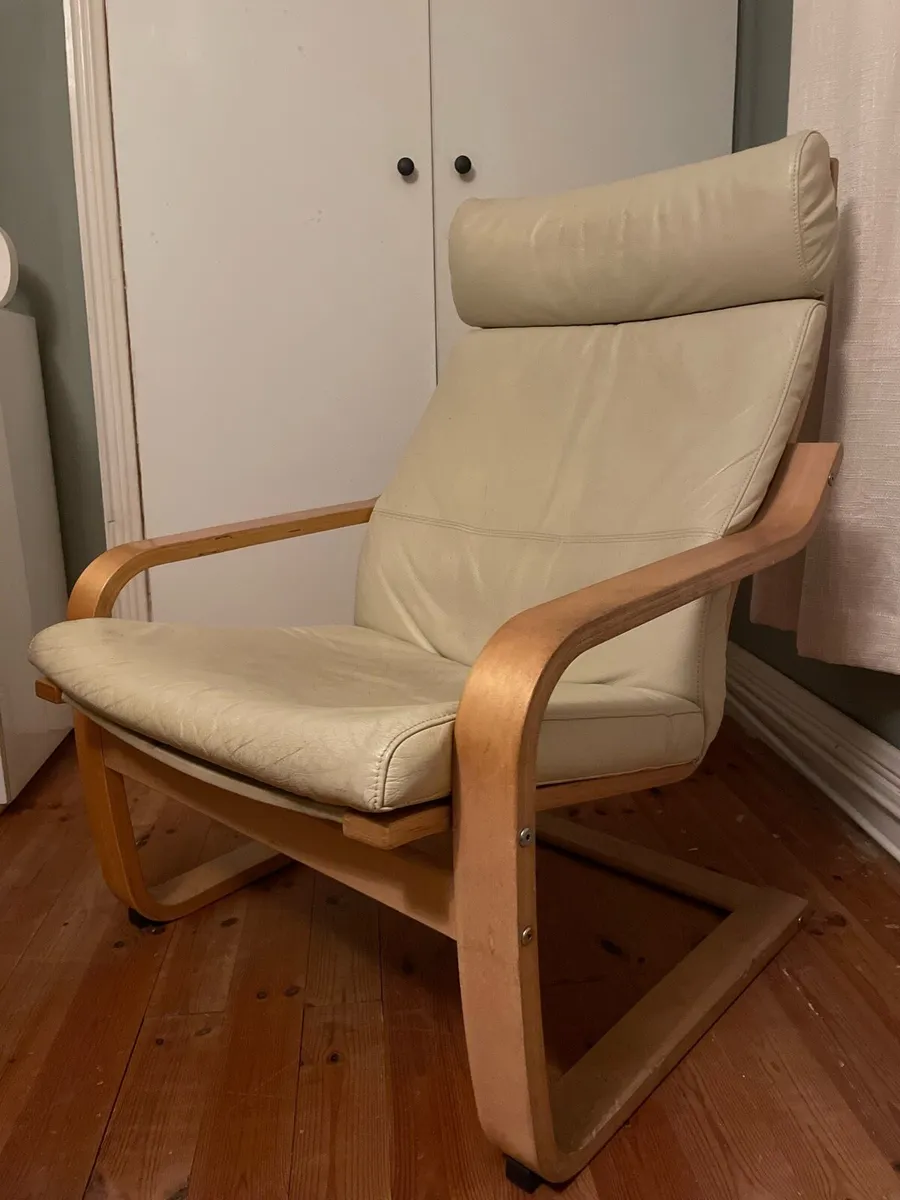 Ikea cream leather poang chairs and footstool - Image 2