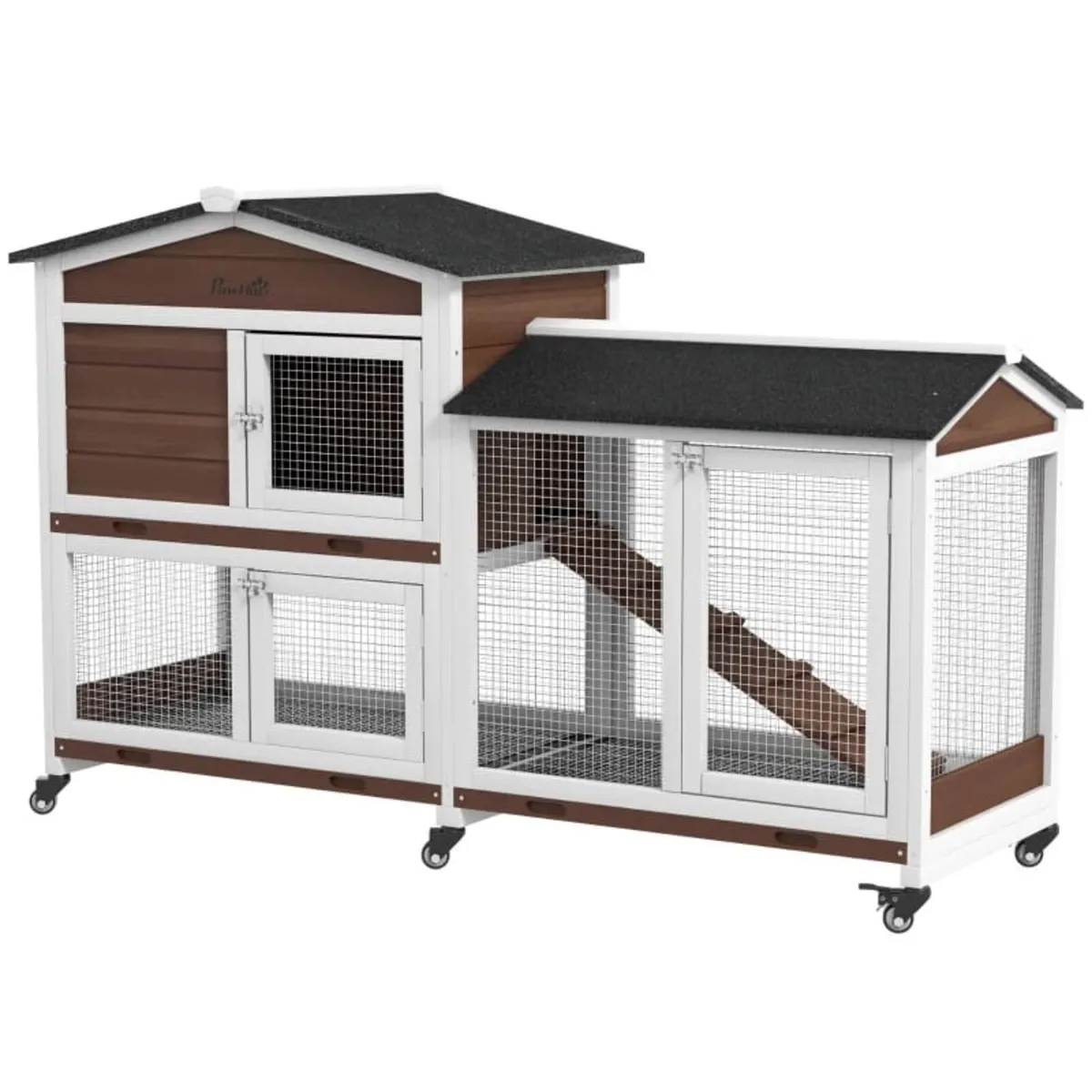 Wooden Two-Tier Pet Hutch with Wheels, Run - Brown - Image 1