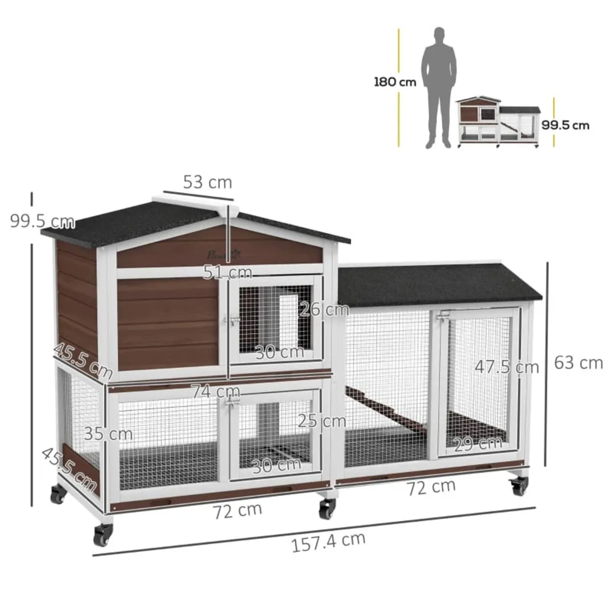 Wooden Two-Tier Pet Hutch with Wheels, Run - Brown - Image 2
